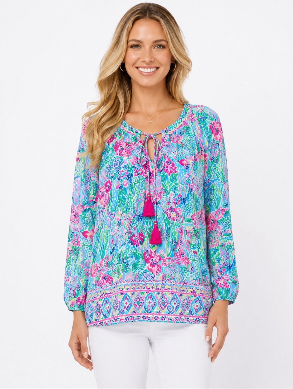 Lilly Pulitzer Marilina Tunic Top Large High Tide Navy Scuba Doo Tassel